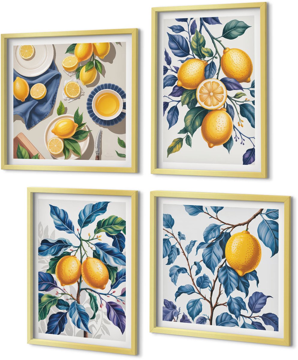 Coloray 4-Delige Schilderij Set - Citroenen aan takken met blauwe bladeren - 40 x 40 cm en 40 x 60 cm - Stijlvolle Muurdecoratie - Kantoor - Decoratieve Schilderijen