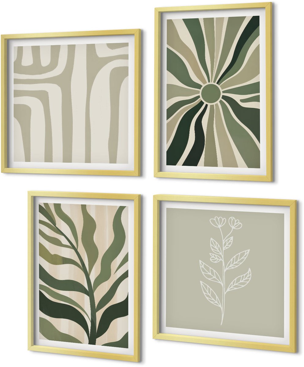 Coloray 4-Delige Schilderij Set - Plantenpatronen in minimalistische groene tinten - 40 x 40 cm en 40 x 60 cm - Stijlvolle Muurdecoratie - Kantoor - Wanddecoratie