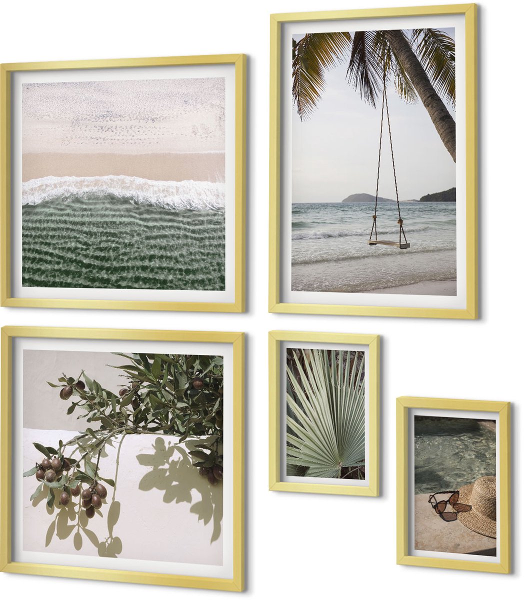 Coloray 5-Delige Schilderij Set - Tropische Stranden, Ontspanning En Natuur In Harmonie. - 50 x 50 cm, 20 x 30 cm En 40 x 60 cm - Muurdecoratie - Schilderijen Set - Woonkamer - Moderne Wanddecoratie