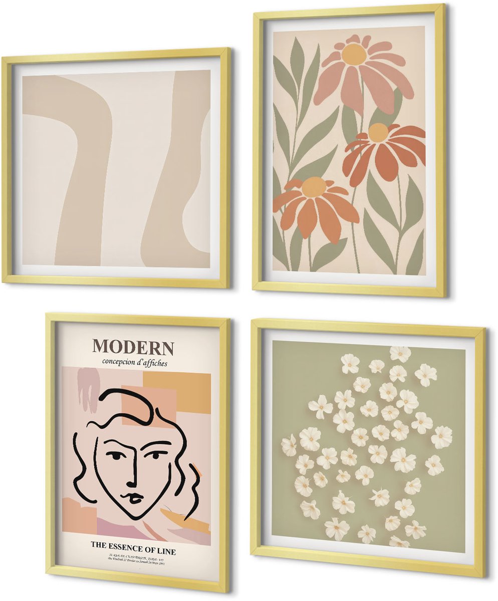 Coloray 4-Delige Schilderij Set - Vrouw in moderne stijl met abstracte patronen - 40 x 40 cm en 40 x 60 cm - Muurdecoratie - Schilderijen Set - Woonkamer - Interieur Decoratie