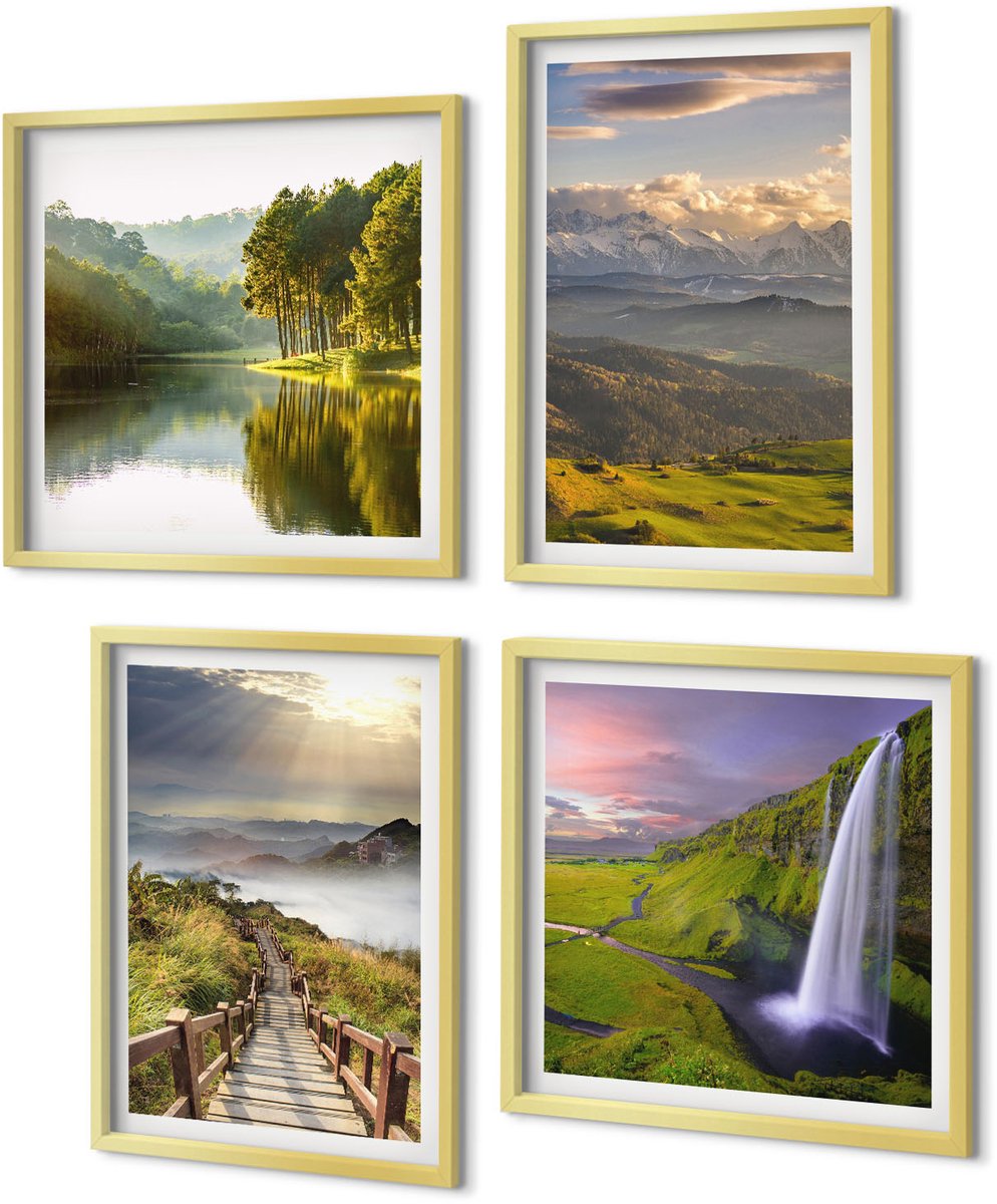 Coloray 4-Delige Schilderij Set - Schilderachtige berglandschappen met een waterval en een pad. - 40 x 40 cm en 40 x 60 cm - Muurdecoratie - Decoratieve Schilderijen - Wohnzimmer - Moderne Wanddecoratie