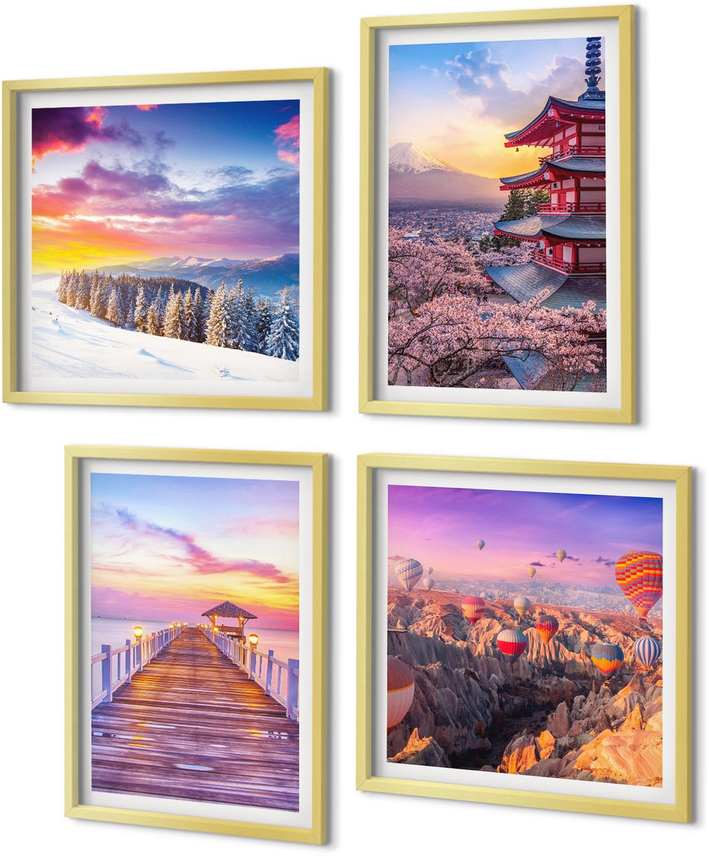 Coloray 4-Delige Schilderij Set - Romantische landschappen met schilderachtige luchten - 40 x 40 cm en 40 x 60 cm - Decoratieve Schilderijen - Wanddecoratie - Hal