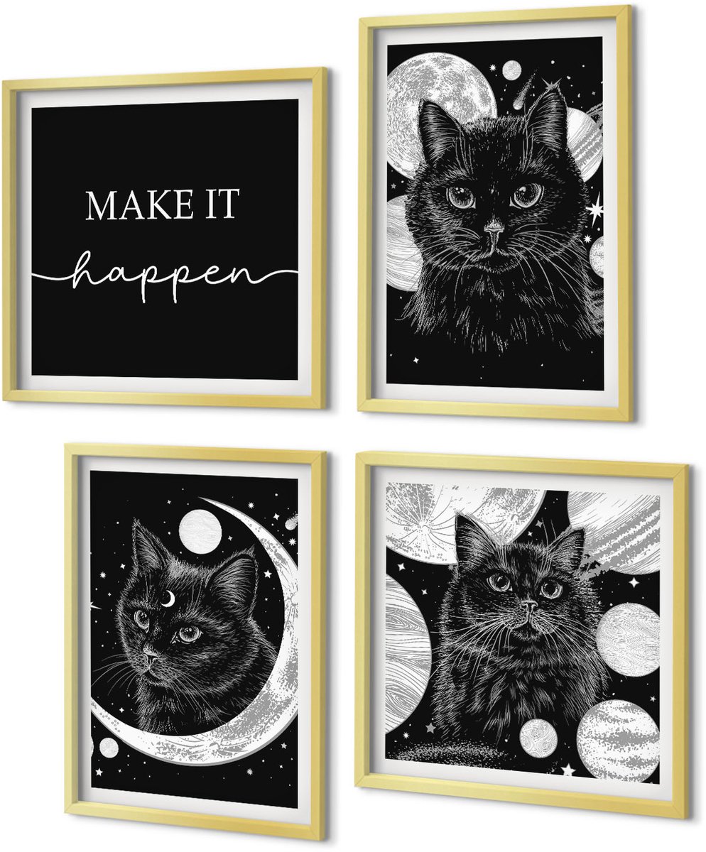 Coloray 4-Delige Schilderij Set - Zwarte katten tegen de achtergrond van de maan en planeten in de ruimte. - 40 x 40 cm en 40 x 60 cm - Schilderijen Set - Wanddecoratie - Woonkamer - Interieur Decoratie