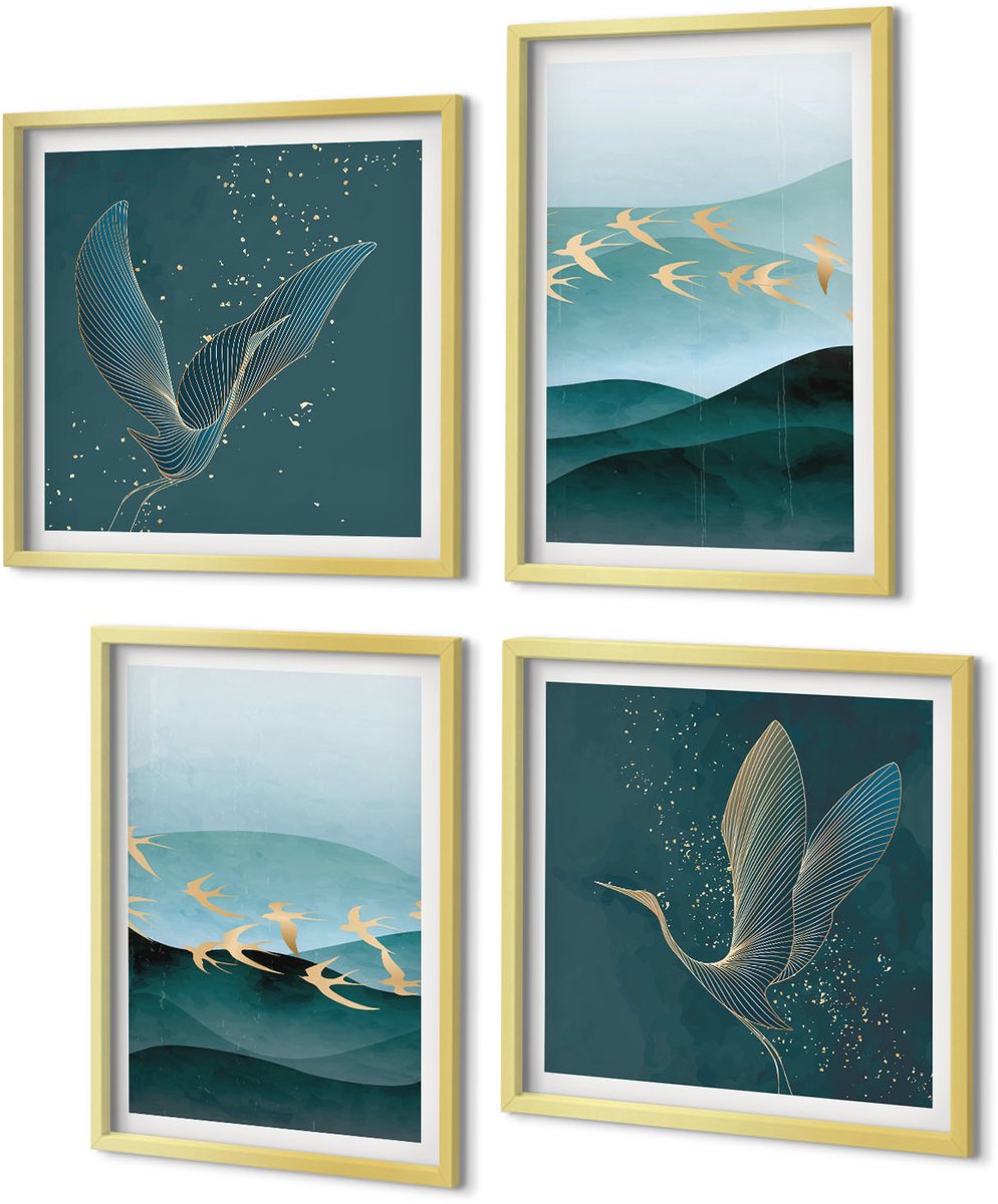 Coloray 4-Delige Schilderij Set - Abstracte landschappen met golven en vliegende vogels - 40 x 40 cm en 40 x 60 cm - Wanddecoratie - Schilderijen Set - Interieur - Muurdecoratie