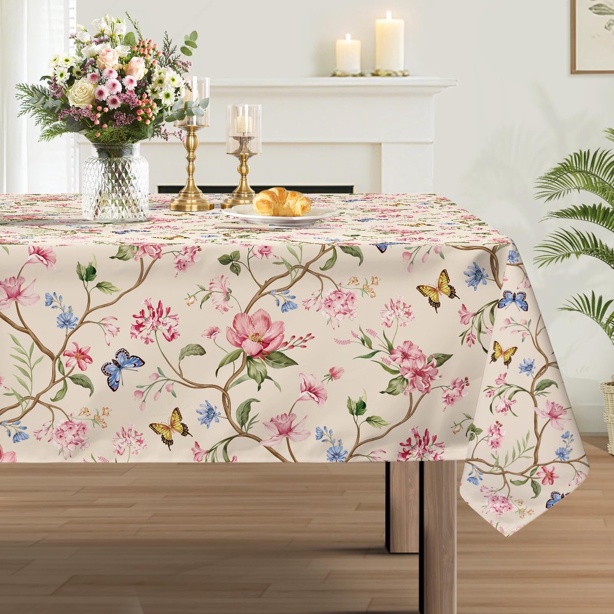 Famanu – Afwasbaar tafelkleed met roze bloemen en bladeren, rechthoekig polyester, 152 x 264 cm, ideaal voor feest en picknick