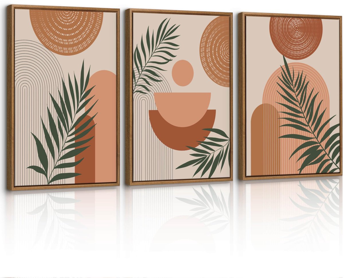 Famanu – Set van 3 Boho geometrische lijnen ingelijst canvas muurkunst, oranje esthetische plantenblad muurprints voor slaapkamer