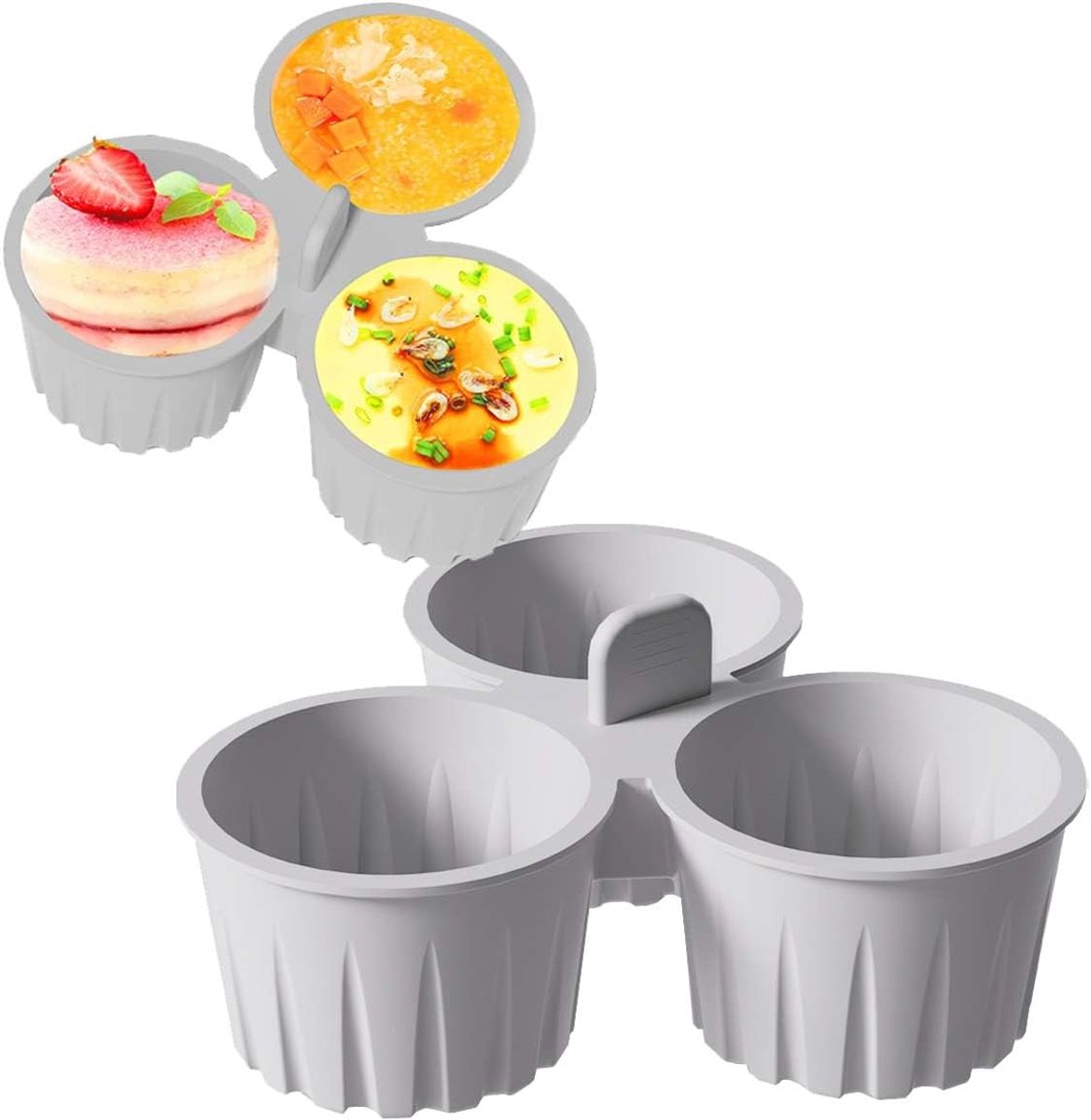 Ulisem - Siliconen Eierhapjesvorm - Egg Bite Mold - 3-Vaks Siliconen Bakvorm - 14,4 cm - 135 ml - Herbruikbaar en Antiaanbak - Voor Airfryer Oven Magnetron en Vriezer - Grijs