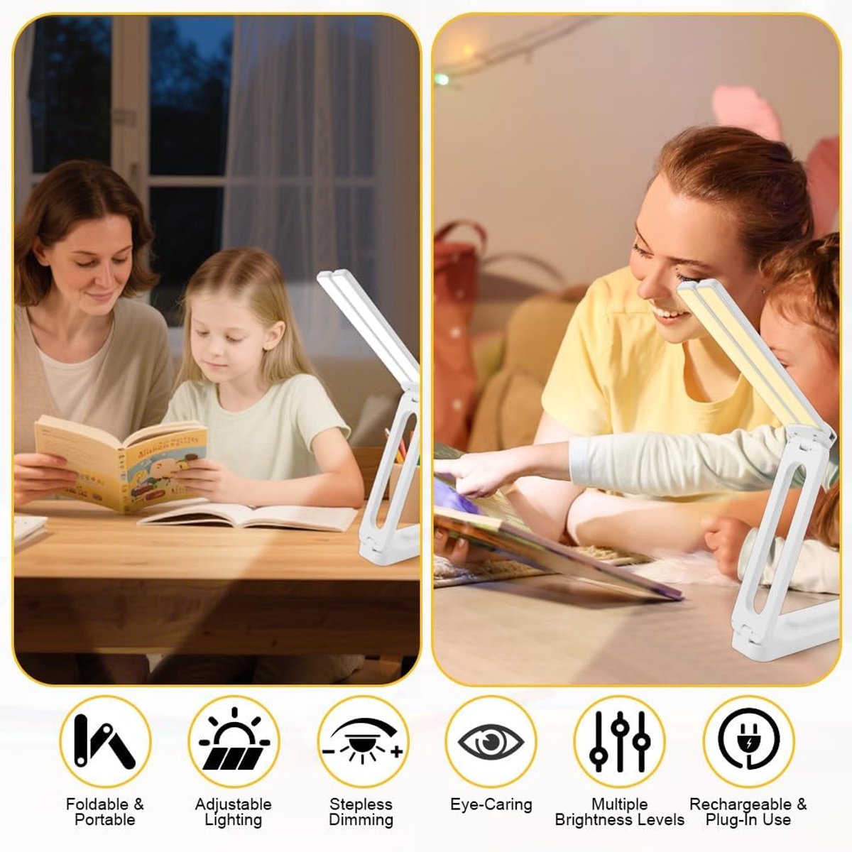 Bureaulamp -bureaulamp led dimbaar-bureaulamp kind- Opvouwbare studielamp met USB-oplaadpoort - Draaibare LED-bureaulamp met dubbele arm - Draagbare nachtlamp met drie kleurstanden - Voor lezen, knutselen, werken en studeren - Wit - 20,5 cm — cadeau in Gadgets - foto 5