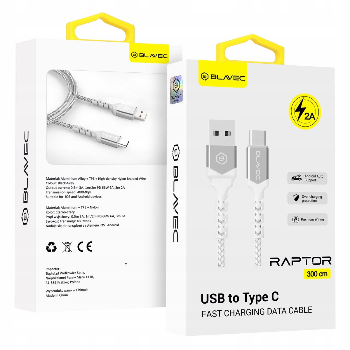 Image of Blavec Raptor USB-C Kabel 3m - Snel Laden & Duurzaam Nylon Oplossing