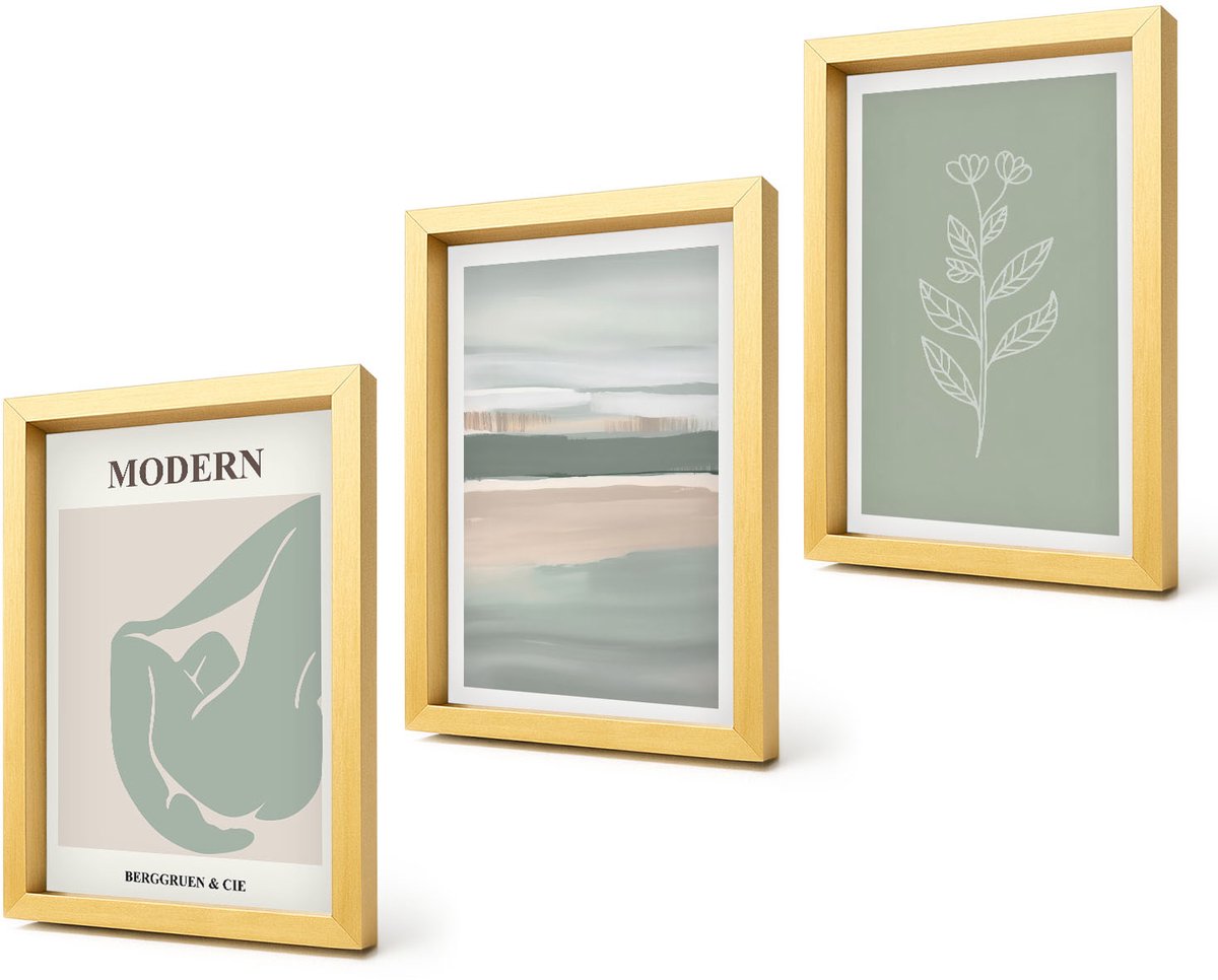Coloray 4-Delige Schilderij Set - Abstracte vormen in pasteltinten met planten - 20 x 30 cm - Stijlvolle Wanddecoratie - Interieur - Stijlvolle Muurdecoratie