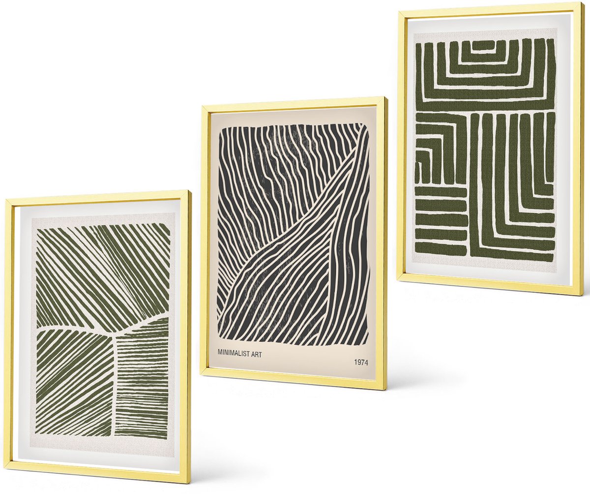 Coloray 3-Delige Schilderij Set - Patronen Van Lijnen En Vormen In Groene Tinten - 40 x 40 cm En 40 x 60 cm - Schilderijen Set - Wanddecoratie - Woonkamer - Moderne Wanddecoratie