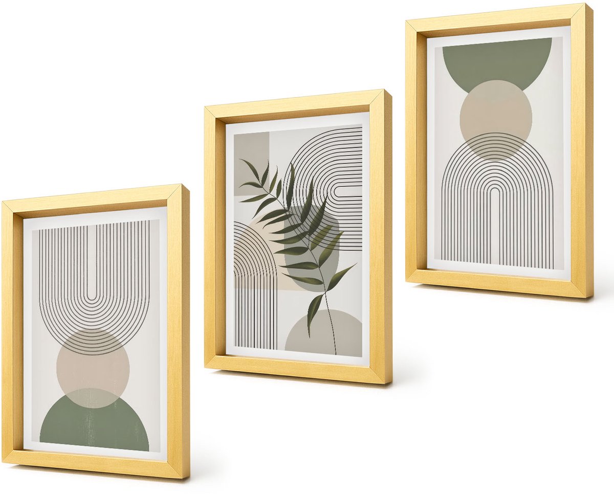 Coloray 4-Delige Schilderij Set - Abstracte vormen in tinten groen en beige - 20 x 30 cm - Wanddecoratie - Woonkamer Decoratie - Interieur Decoratie
