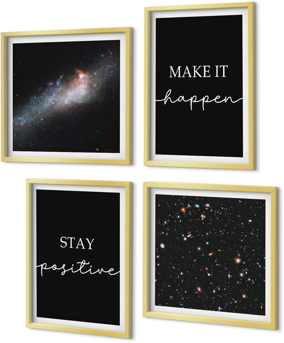 Coloray 4-Delige Schilderij Set - Motiverende slogans op een zwarte achtergrond Sterren in de ruimte - 40 x 40 cm en 40 x 60 cm - Decoratieve Schilderijen - Woonkamer - Interieur - Muurdecoratie