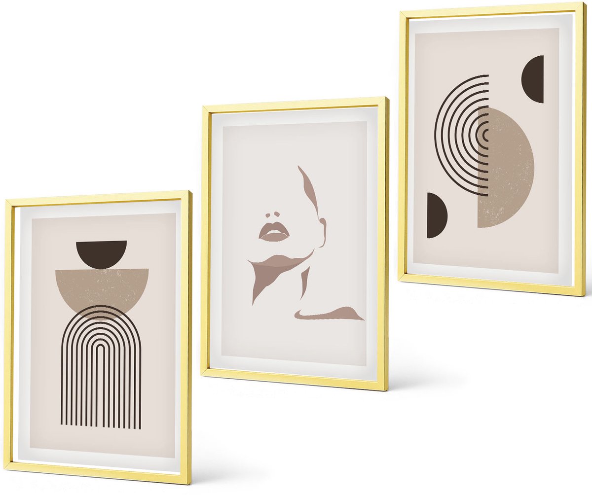 Coloray 3-Delige Schilderij Set - Abstracte Geometrische Vormen En Gezichtssilhouet - 40 x 40 cm En 40 x 60 cm - Muurdecoratie - Schilderijen Set - Woonkamer - Stijlvolle Muurdecoratie