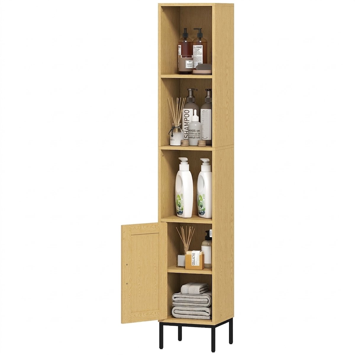 ROLIPO Hoge Badkamerkast – Smalle Opbergkast met Open Vakken en Verstelbare Plank – Houtlook Naturel