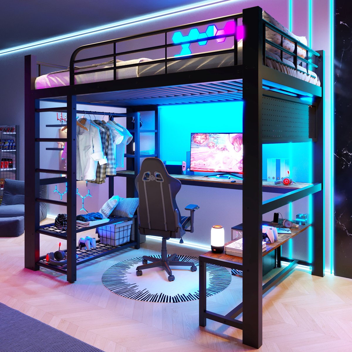 Hoogslaper - 140 x 200 cm - 2-persoons - met bureau - met opbergruimte - met LED-verlichting - met trap - Zwart