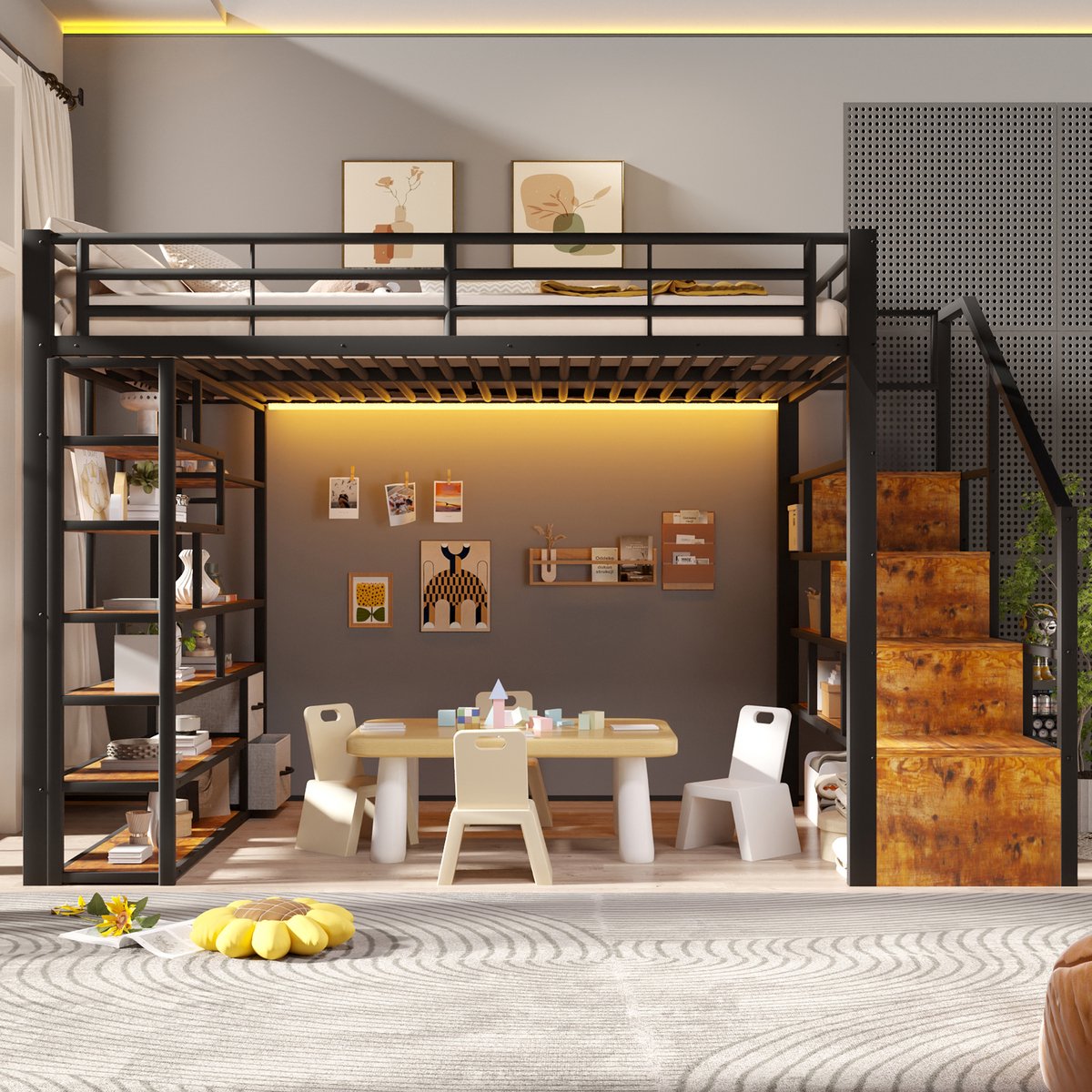 Hoogslaper - 140 x 200 cm - 2-persoons - met opbergruimte - met LED-verlichting - met ladder - Zwart
