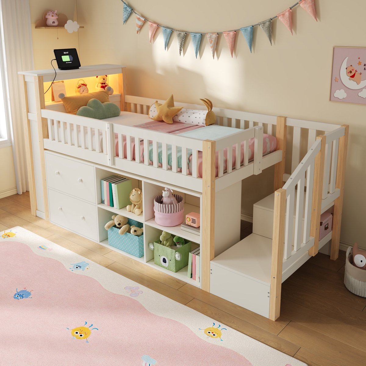 Hoogslaper - 90 x 200 cm - 1-persoons - met opbergruimte - met LED-verlichting - met USB - met glijbaan - Naturel