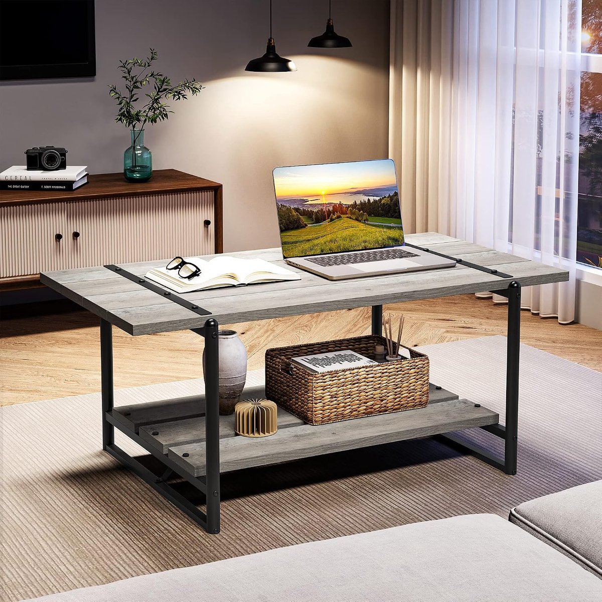 Rechthoekige salontafel met 2 niveaus – Rustiek grijs hout – Ruim opbergvak – Moderne industriële stijl – Eenvoudig te monteren – Ideaal voor woonkamer of kantoor