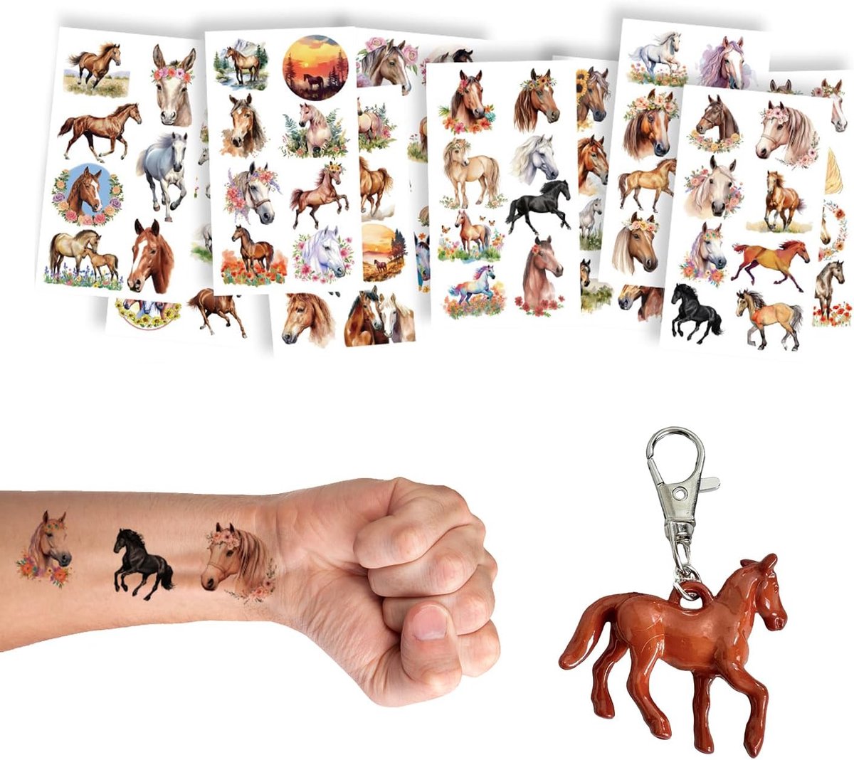 10 Grappige Tattoo-Stickers Voor Paarden, 1 Mini-Paard-Tag, Waterdichte Wegwerpstickers En Autosleuteldecoratie-Tags. - ShopVlot