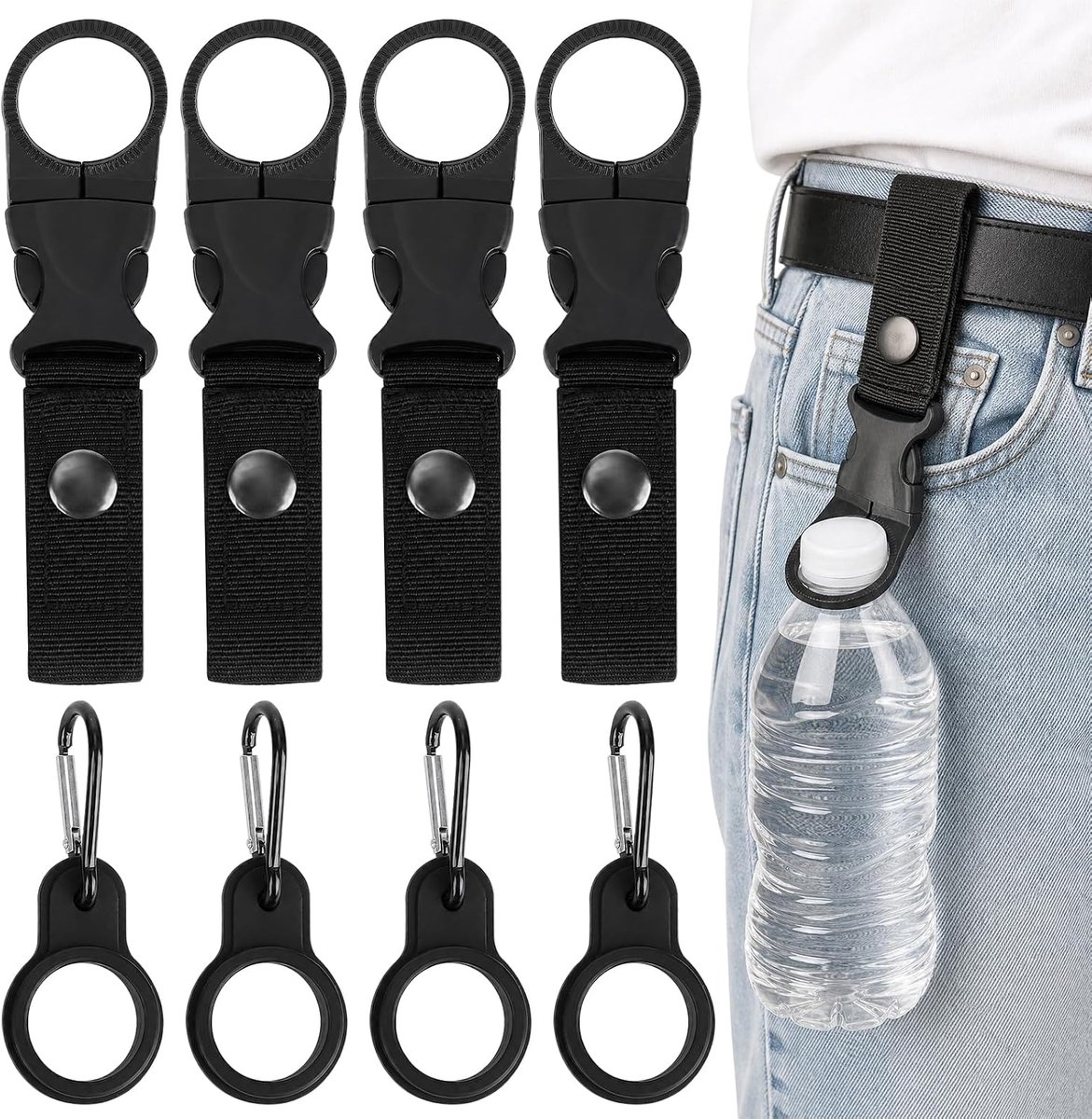 Set van 8 flessenhouders riem met karabijnhaak, grip haak voor rugzak. Waterfleshouder, bekerhouder festival - ShopVlot