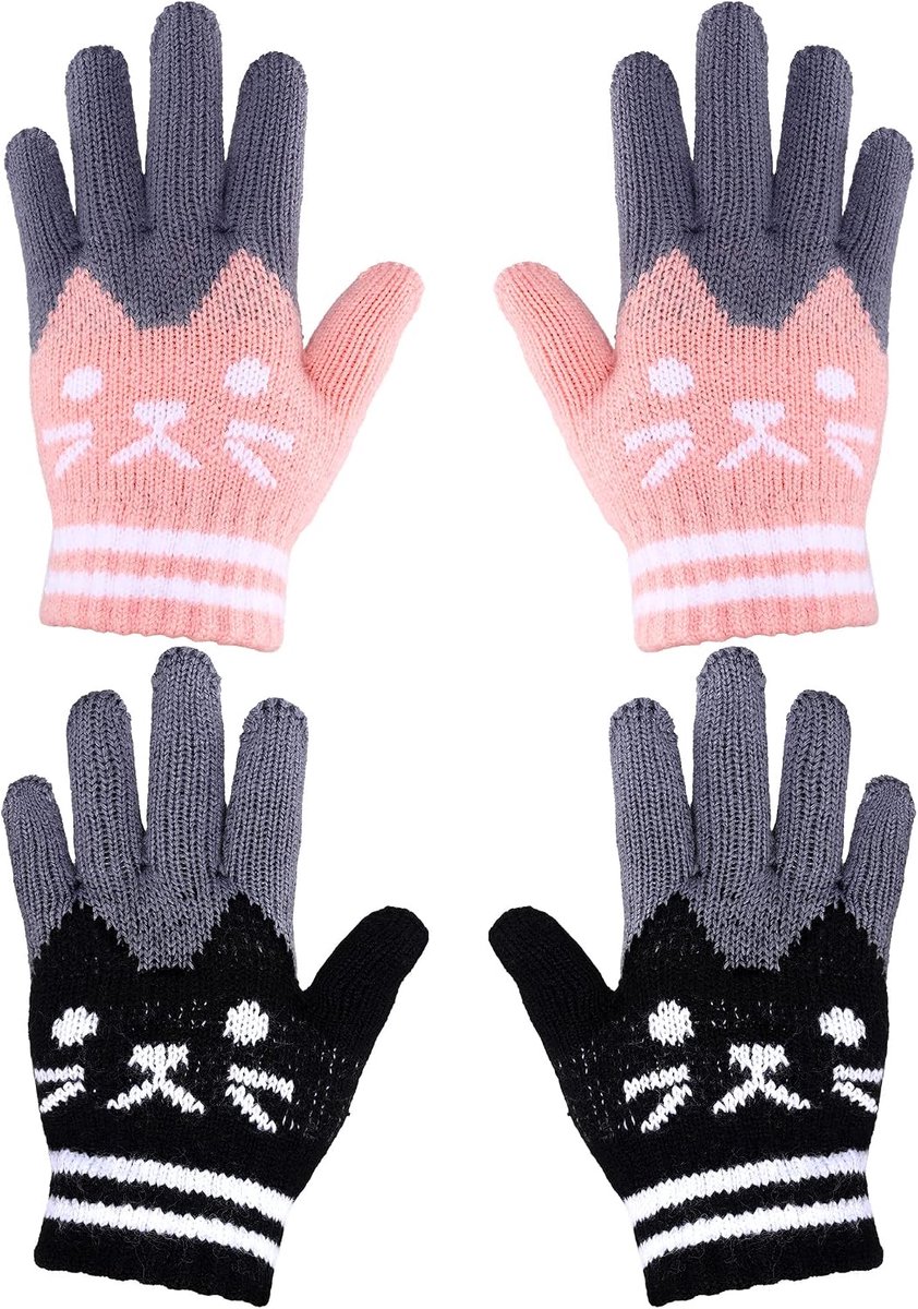 SATINIOR 2 Pairs of Children's Winter Gloves, Cat Mitts, Warm Knitted Gloves for 6-12 Years, Black and Pink, Black - ShopVlot