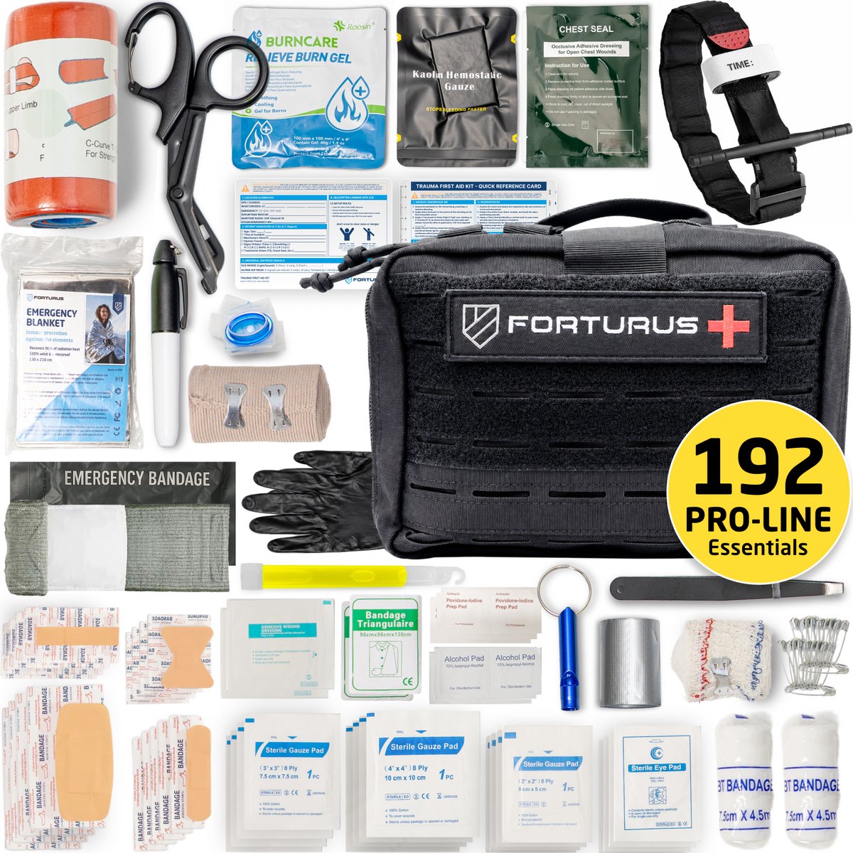 Forturus® Trauma EHBO Kit PRO LINE MARCH 192-delig –IFAK – Tactische First Aid Set met Militaire Tourniquet (CAT-type), Chest Seal, Bloedstelpend Kaolin Gaas, Brandwondverband, Spalk & CPR-masker voor Noodpakket, Outdoor & Camper