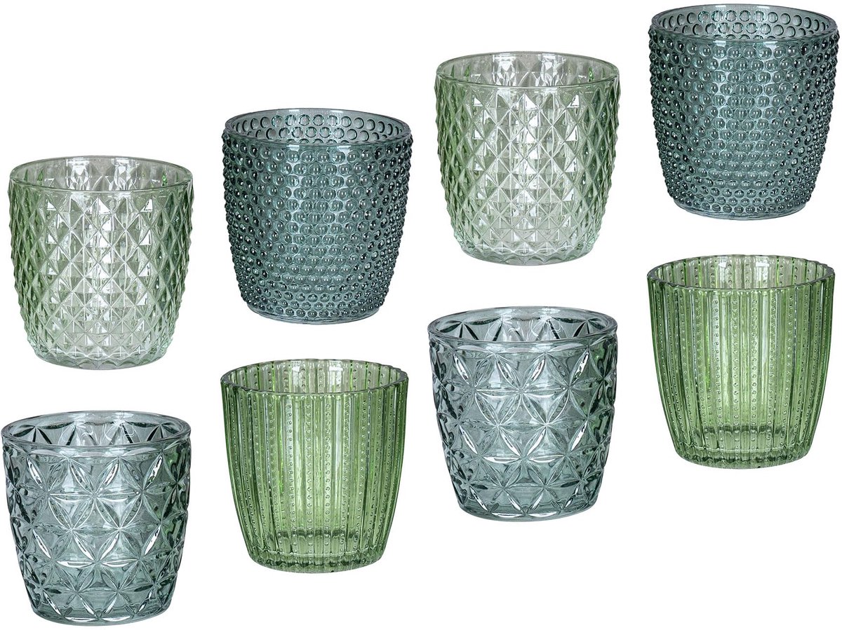 Famanu – Set van 8 glazen windlichten, 7,5 cm hoog, groen theelichthouders, retro kaarsenhouders voor sfeervolle tafeldecoratie