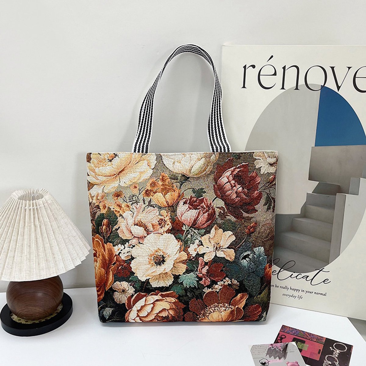 Canvas dames tote tas - 3D geborduurde vlinders - groot formaat - afmetingen 44 x 37 x 9 cm-Gouden pioenroos