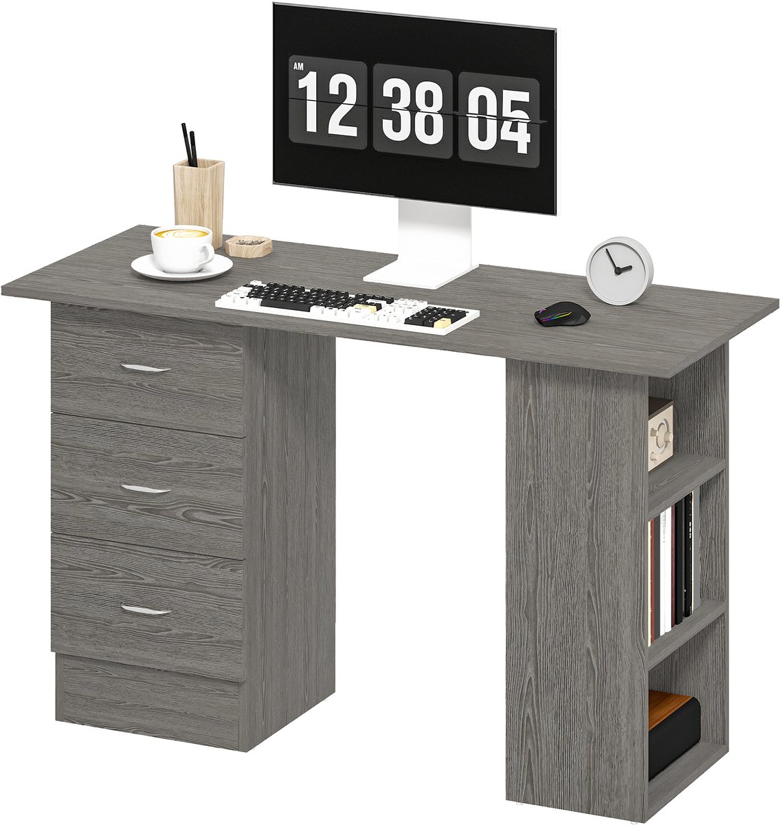 Bureau - Computerbureau met 3 Laden - 120 x 49 x 72cm - Bureau met 3 Legplanken - Grijs