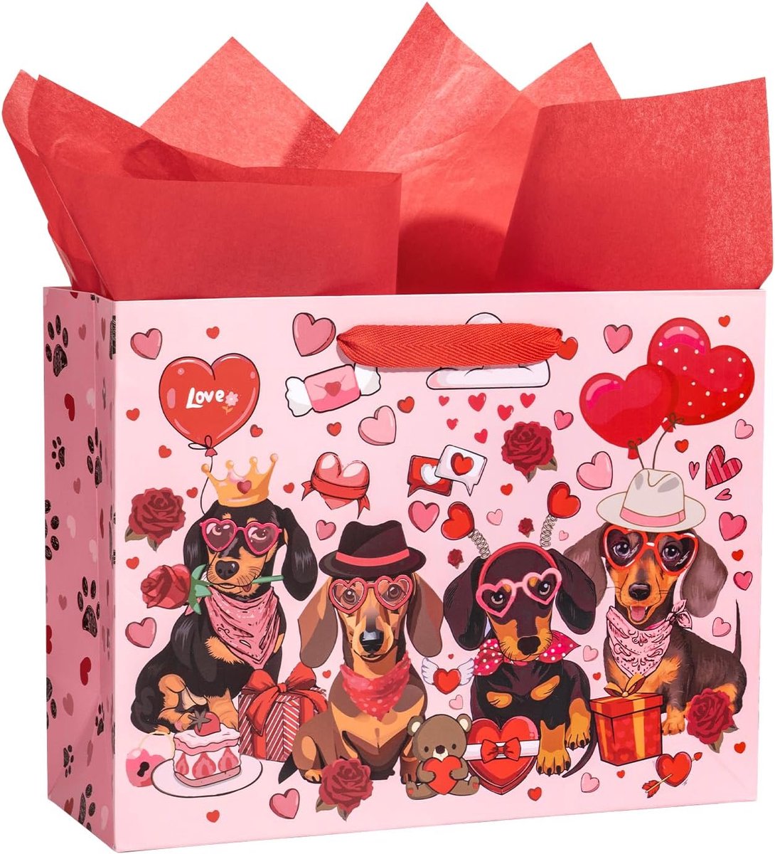 Loveinside 13 inch teckel Valentijnsdag grote herbruikbare geschenkzak met handgrepen - ShopVlot