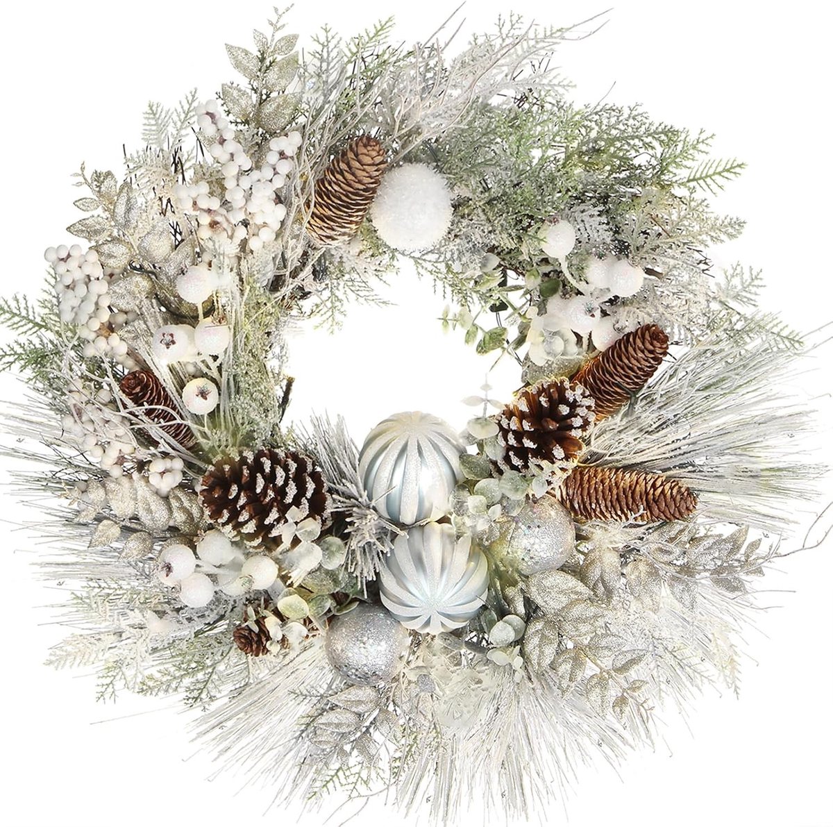 Kerstkrans - Groen - Ø 61 cm - Met Decoratieve Kerstballen en Dennenappels - Voor Deur of Wanddecoratie