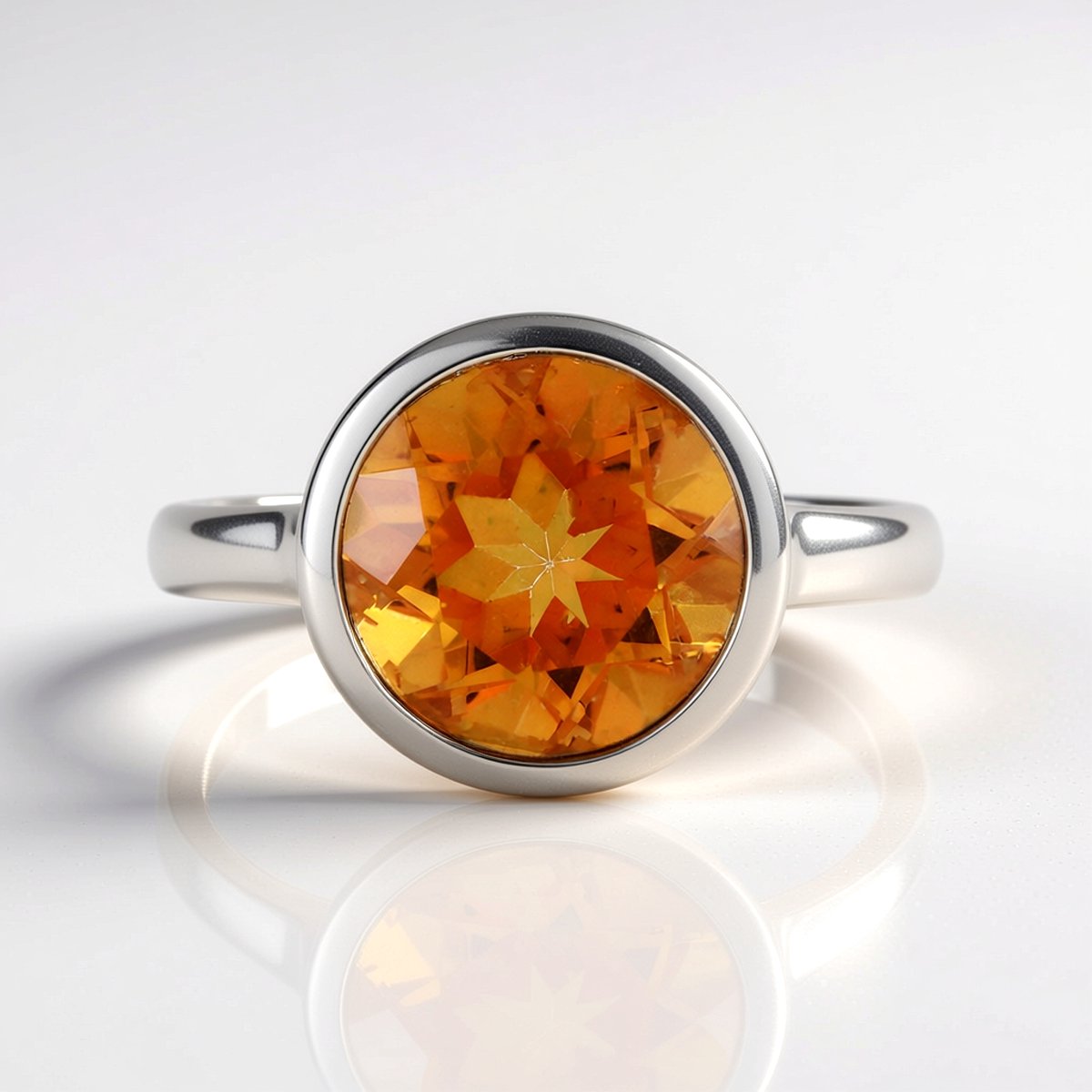 Cavill - Elegante Cocktailring 925 Sterling Zilver Platina Geplateerd - 3,383 ct Oranje Kwarts Braziliaanse Edelsteen - Ronde Slijpsel