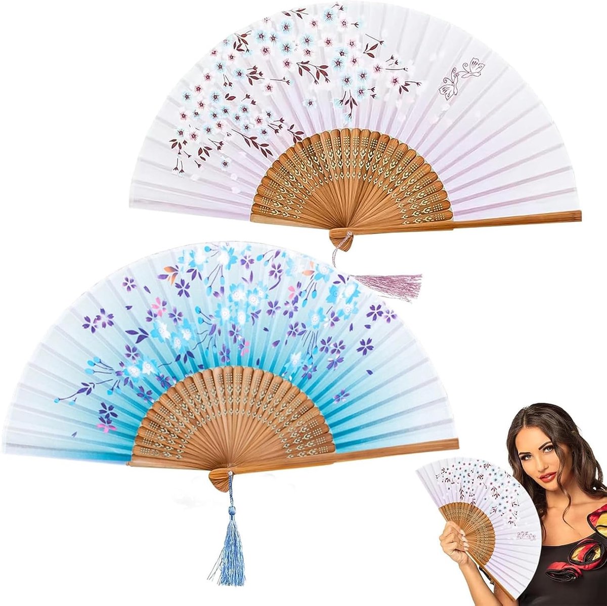 Hand Fan Set of 2 Antique Style Folding Fans UV Print 21cm/15 in - ShopVlot