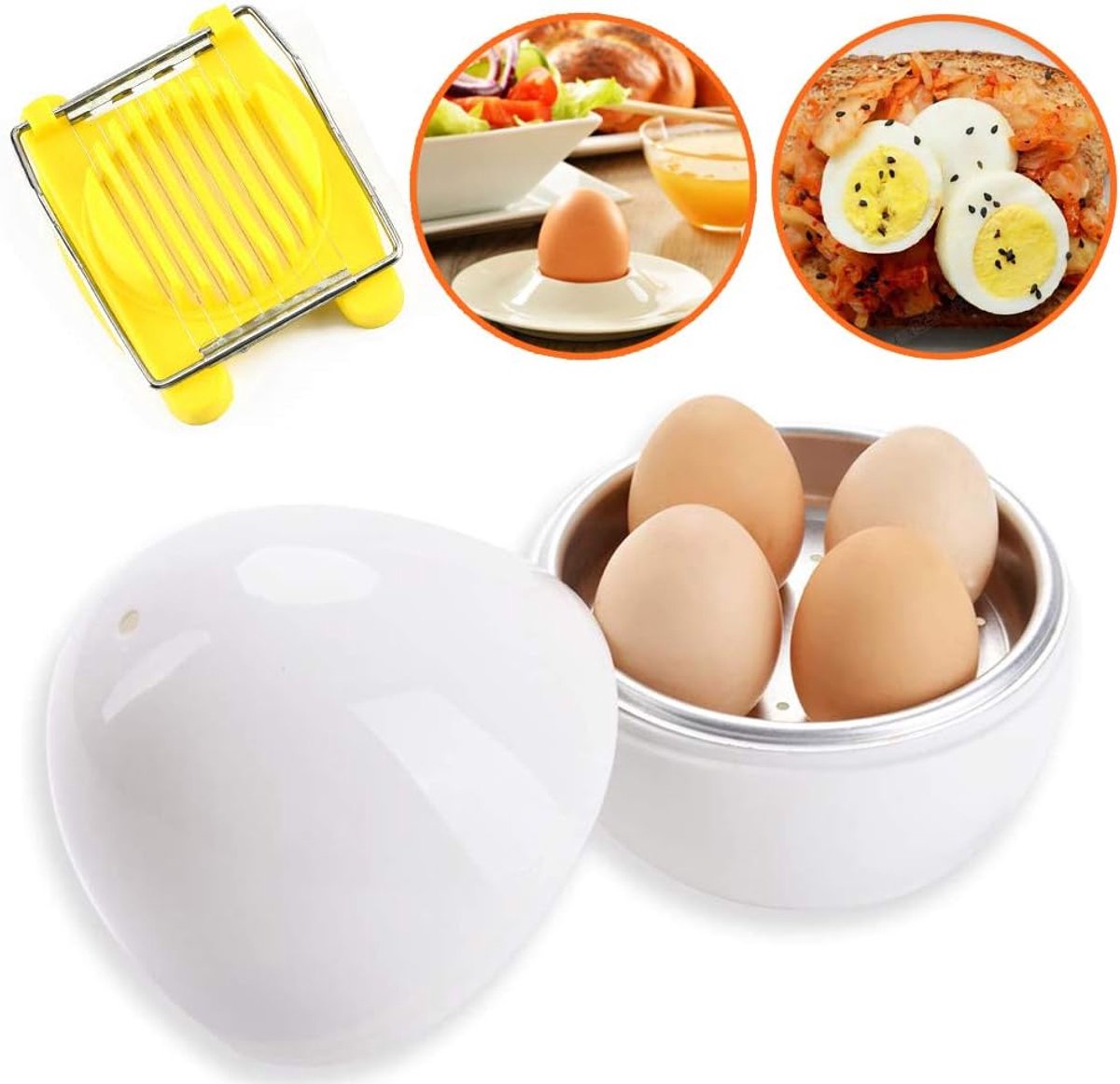SnelShoppen - Magnetron Eierkoker voor 4 Eieren, BPA-vrij en Melamine-vrij Plastic met Aluminium Inzetstuk, Inclusief Gratis Eiersnijder voor Keuken,