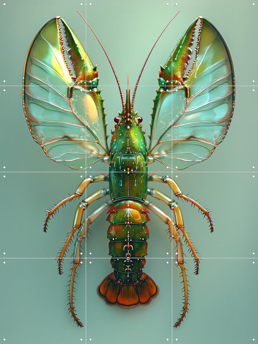 IXXI Green Butterfly Lobster, OTTI - 60 x 80 cm - Gratis ophangtool - Grote wanddecoratie en posters - Digitale Kunst, Eetkamer, Woonkamer, Fantasie