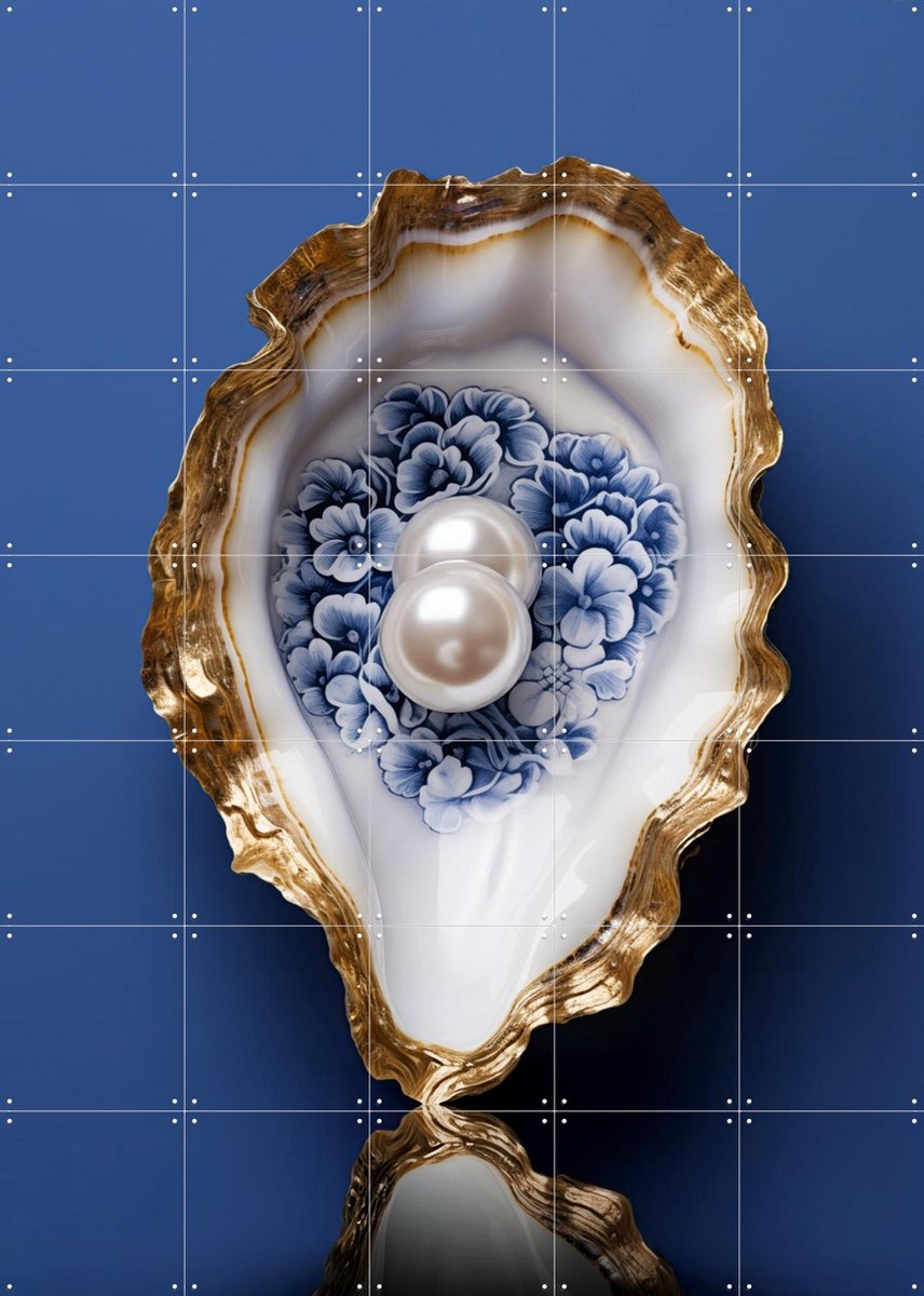 IXXI Delft Blue Oyster with Gold and Pearls, OTTI - 100 x 140 cm - Gratis ophangtool - Grote wanddecoratie en posters - Klassiek, Decoratieve kunsten
