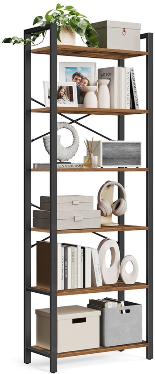 Plank/boekenplank met 6 open planken – 30 × 64 × 185 – 5 cm – Vintage Bruin-zwart