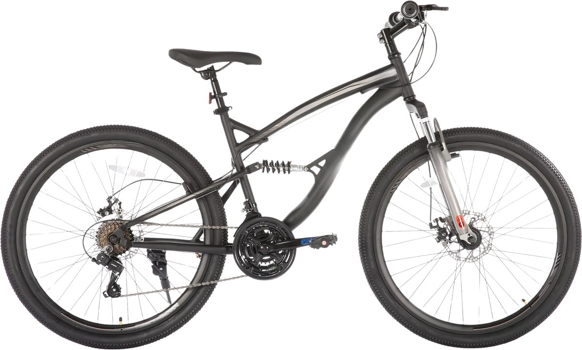 Mountainbike – Voor heren en dames – Volledig geveerd / 21 versnellingen / dubbele schijfremfiets – Zwart / 66 cm