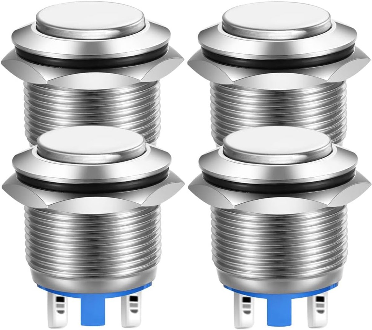 19mm Hoog Hoofd SPST Kortstondig Drukknop Waterdicht, Zelfreset Roestvrij Staal Metalen Drukknopschakelaar, Soldeerpinaansluitingen DC 6V/12V/36V/48V, AC 110V/230V 3A 1NO