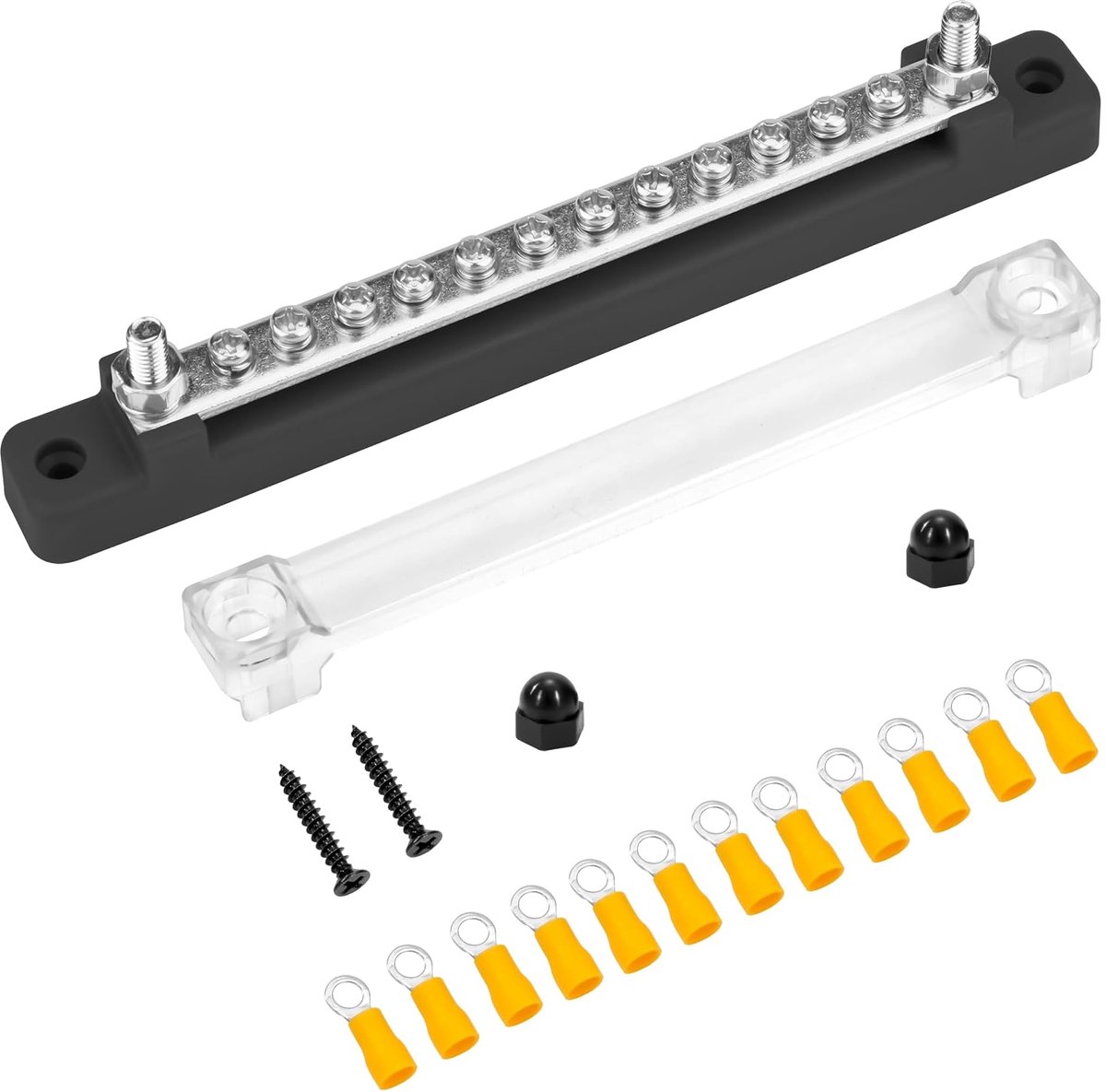 Verzamelrails, 12 V-48 V DC verzamelrails, verdelerblok, busbar, 150 A, stroomverdelingsblok met 12 x M4 klembouten voor auto, vrachtwagen, jacht, boot, zwart