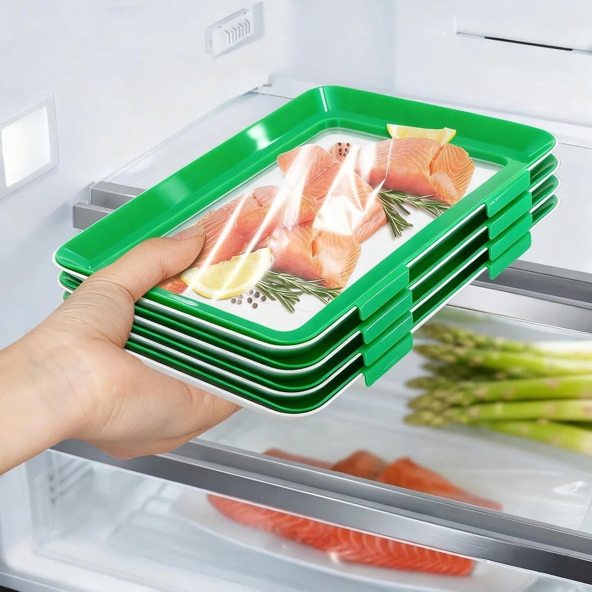 Set van 3 herbruikbare vershouddozen met verwisselbare folie, voedselopslag met stretchfolie en deksel, vaatwasmachinebestendig (groen) voor worst, kaas en snacks
