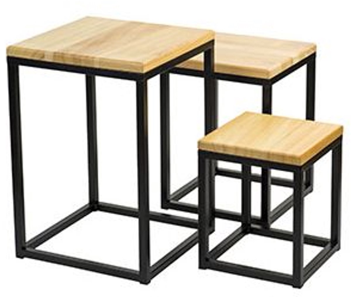 Cosy & Trendy Bijzettafel Set van 3 – Hout & Zwart Metaal – Vierkant – Industriële Bijzettafels