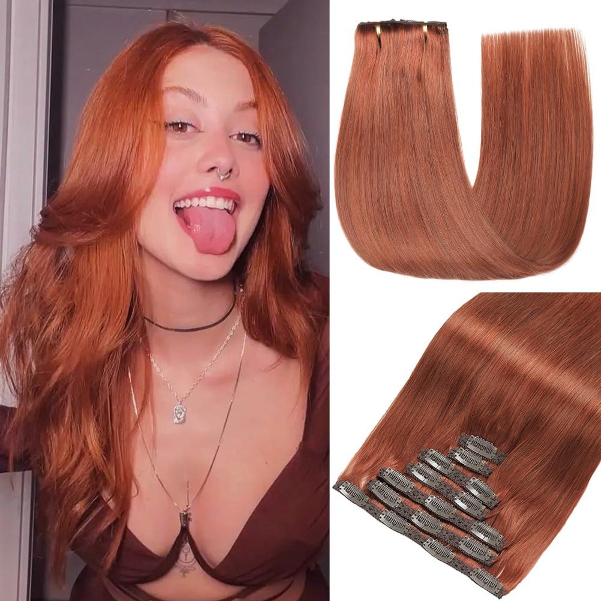 Clip-in Extensions Echt Haar Koper 7 stuks 50cm 120g Donker Roodbruin Onzichtbare Haarverlengingen Koper Oranje Bruine Extensions Auburn Gember Huid Weft Clip (20 inch, 33A#)