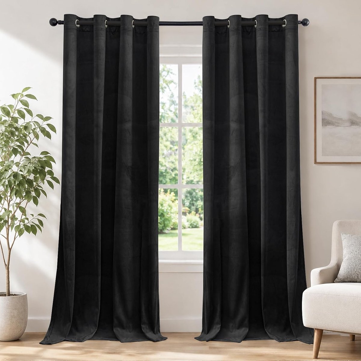 Fluwelen Gordijnen Kant En Klaar Set Van 2, 140x160cm, Gordijnen Verduisterend Met Ringen, Thermische Gordijn, Verduisteringsgordijn, Thermogordijnen Voor Slaapkamer Woonkamer, Zwart