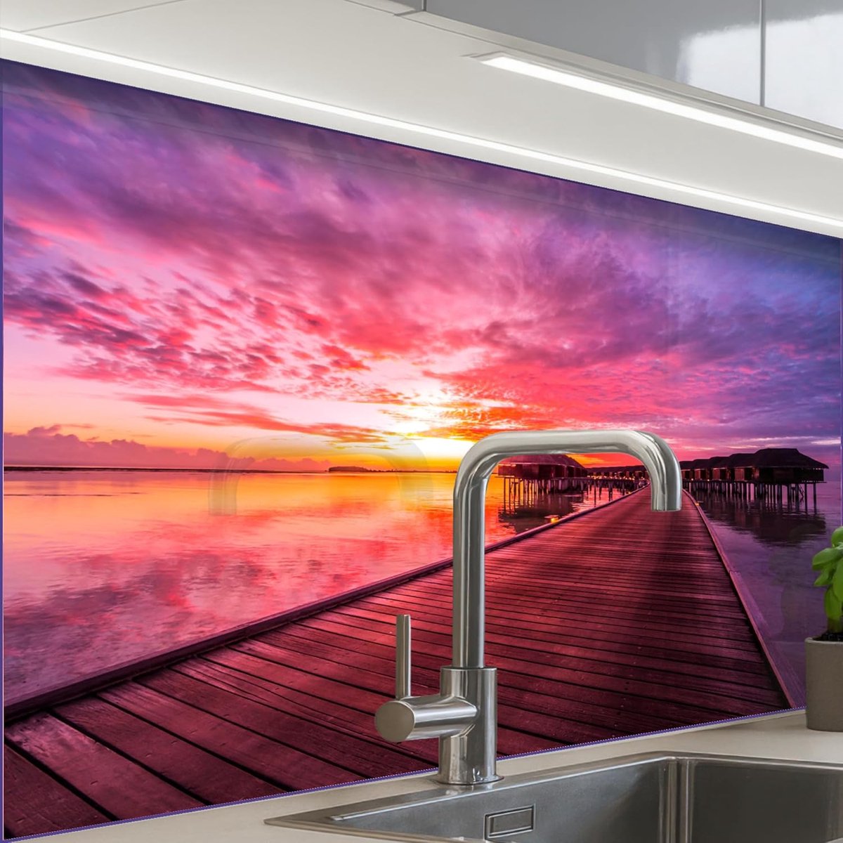 keukenachterwand 60x80 cm zelfklevend keuken decoratie accessories home kitchen spatscherm Steiger - Water - Zon - Roze - Horizon