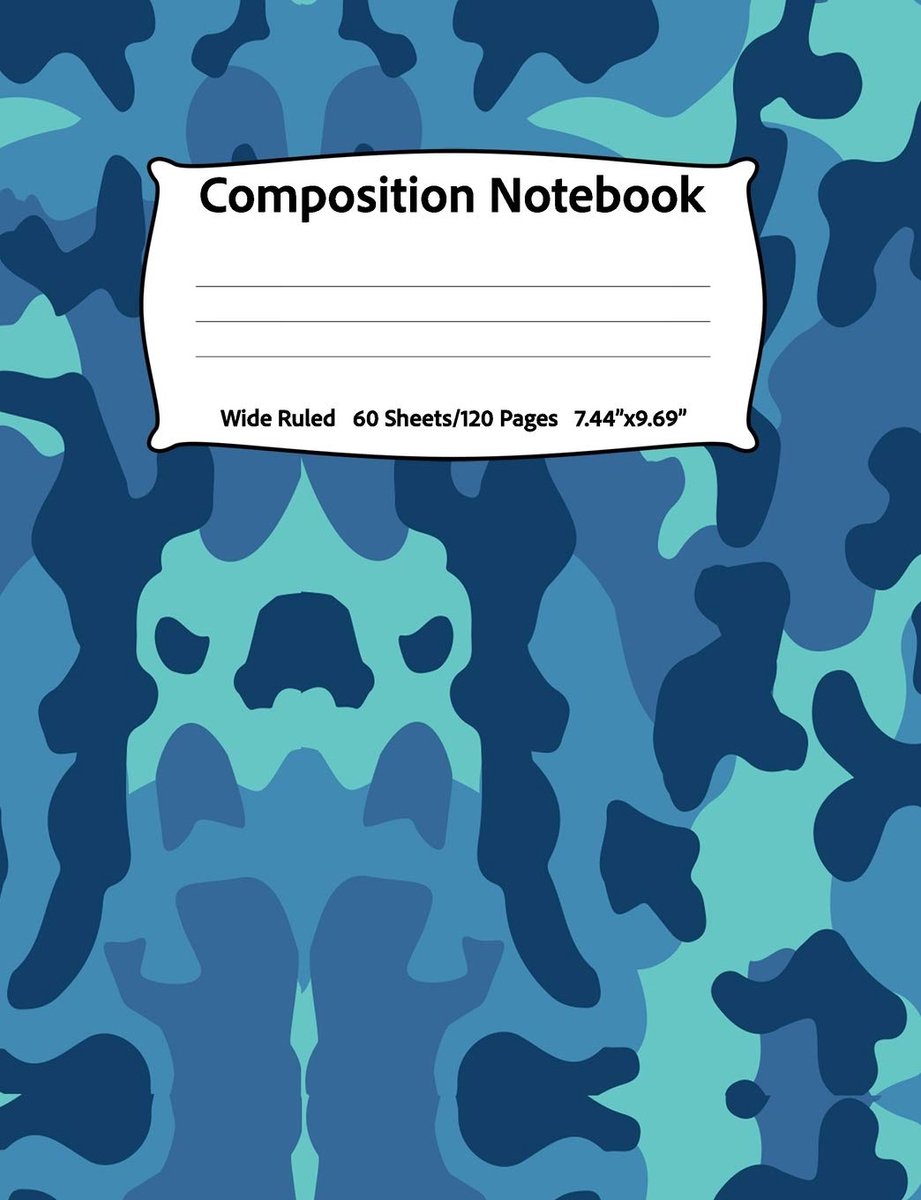 Notebook: Wide Ruled, 60 Sheets/120 Pages, 7.44" x 9.69 Blue Military Camouflage