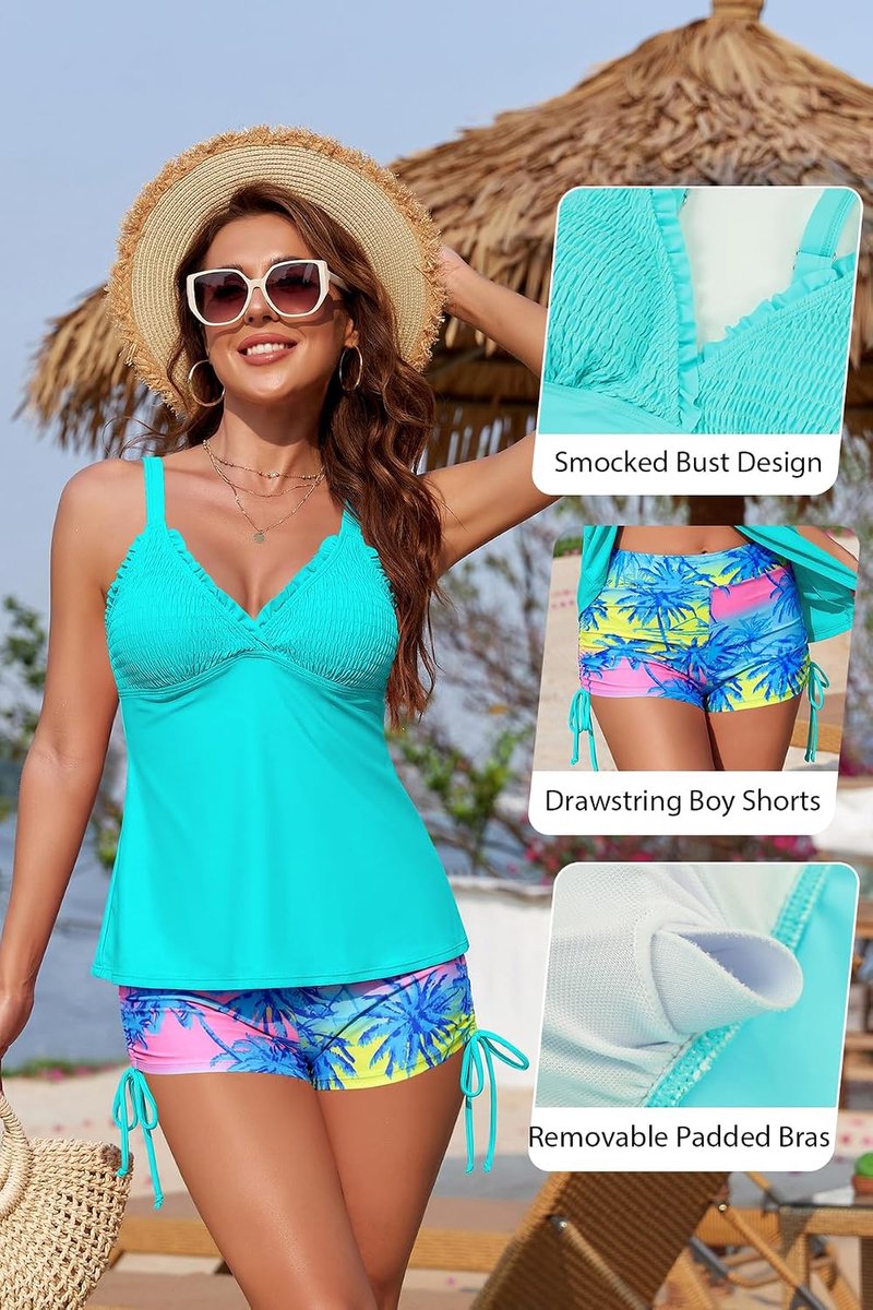 Tankini-set voor dames, met ruches, V-hals, buikweg, rugvrij, tweedelig badpak met hoge taille, zwemshorts S-XXL
