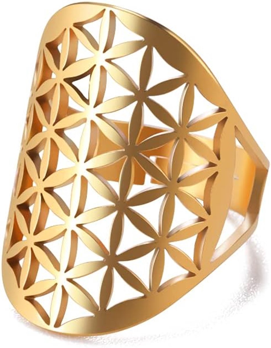 kkjoy Opengewerkte Bloem des Levens Ring Roestvrij Staal Verstelbare Open Vinger Ringen Belofte Ring Sieraden Gift Voor Vrouwen Charmante Dames