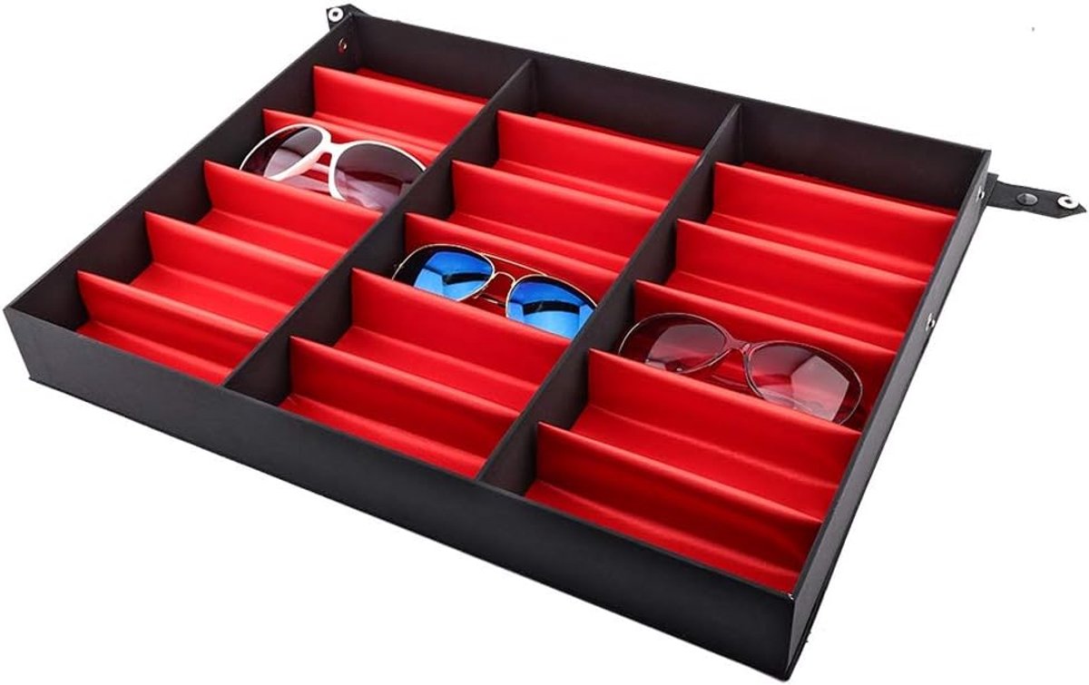 Brillendoos met 18 vakken, brillenkoker, opbergdoos en display voor huis en bedrijf, zonnebril-display, zwart + rood, 47 x 37 x 6 cm